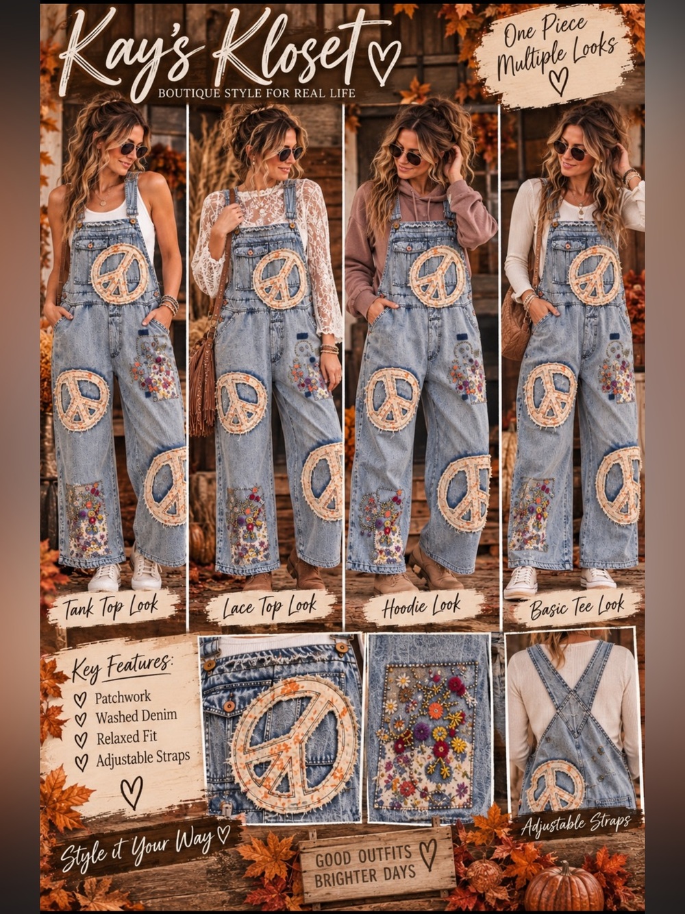 BW9-☮️💙Washed Denim Patchwork Peace Sign Overalls - Blue